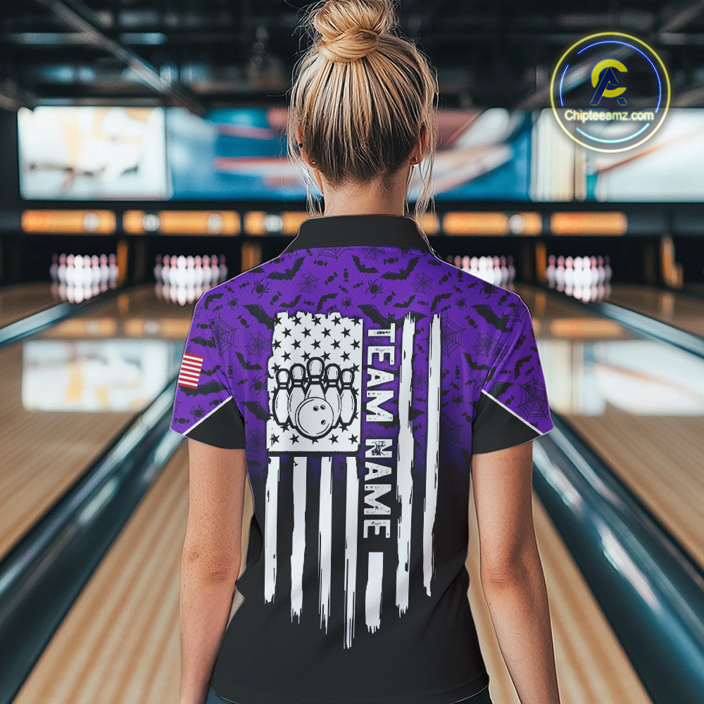 Purple Halloween pattern Custom American flag patriotic Bowling shirt for Women, Bowling team jersey NQS10415