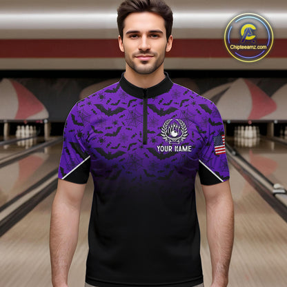 Purple Halloween pattern Custom American flag patriotic Bowling shirt for men, Bowling team jersey NQS10415