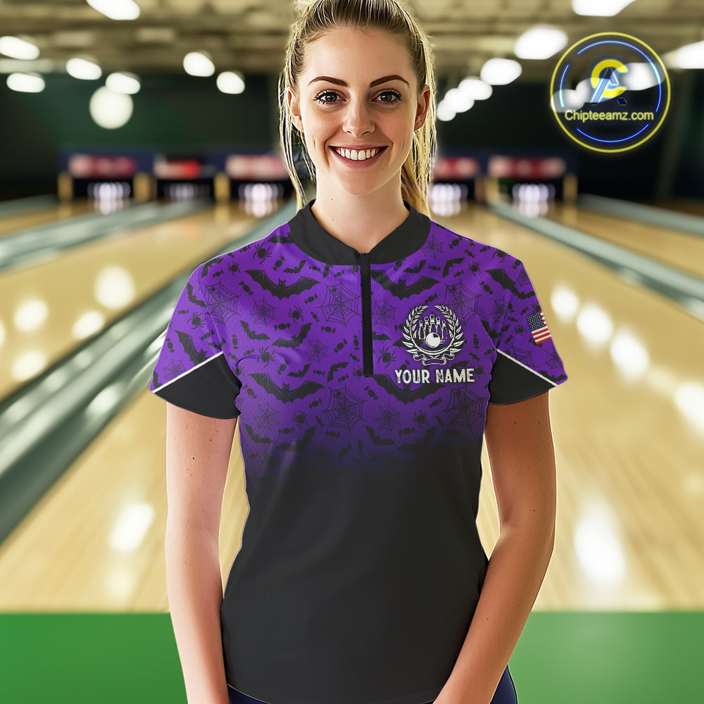 Purple Halloween pattern Custom American flag patriotic Bowling shirt for Women, Bowling team jersey NQS10415