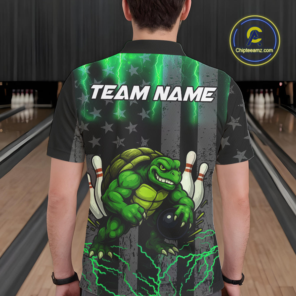 Black American flag Men's bowling shirts Custom Green lightning thunder Turtle Bowling Team Jerseys NQS10623