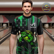 Load image into Gallery viewer, Black American flag Men's bowling shirts Custom Green lightning thunder Turtle Bowling Team Jerseys NQS10623