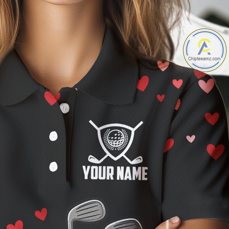 Funny Black and Red Heart Pattern Valentine Golf Shirts For Women Custom Valentine Golf Gifts For her NQS11229