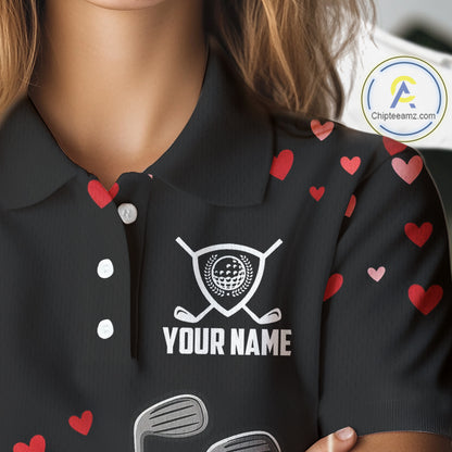 Funny Black and Red Heart Pattern Valentine Golf Shirts For Women Custom Valentine Golf Gifts For her NQS11229