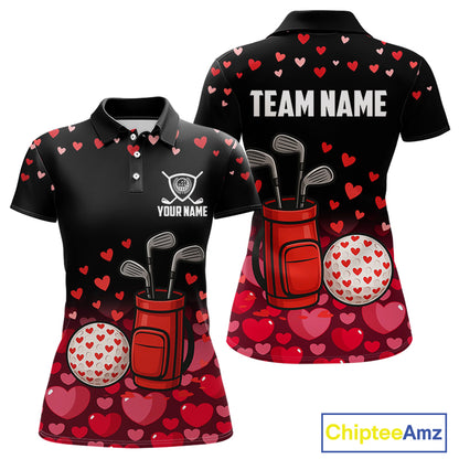 Black & Red Heart Pattern Valentine matching golf polo shirts for couples Custom couples golf outfits NQS11229