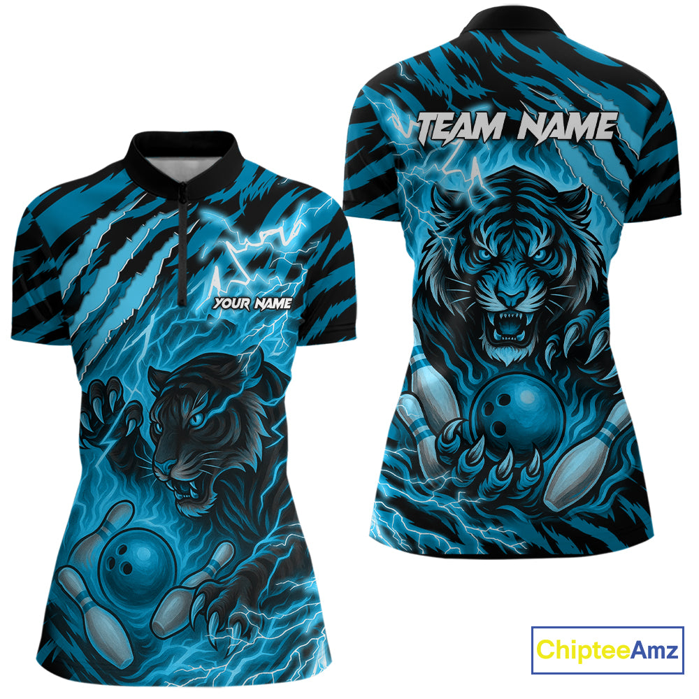 Personalized Tiger Bowling Shirts For Women, Blue Flame Lightning Thunder Tiger Team Bowling Jerseys NQS11232