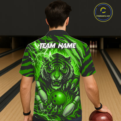 Personalized Tiger Bowling Hawaiian Shirt, Green Flame Lightning Thunder Tiger Team Bowling Jerseys NQS11233