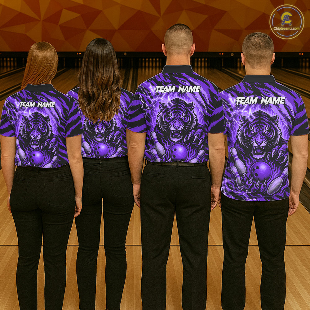 Personalized Tiger Bowling Shirts For Women, Purple Flame Lightning Thunder Tiger Team Bowling Jersey NQS11234