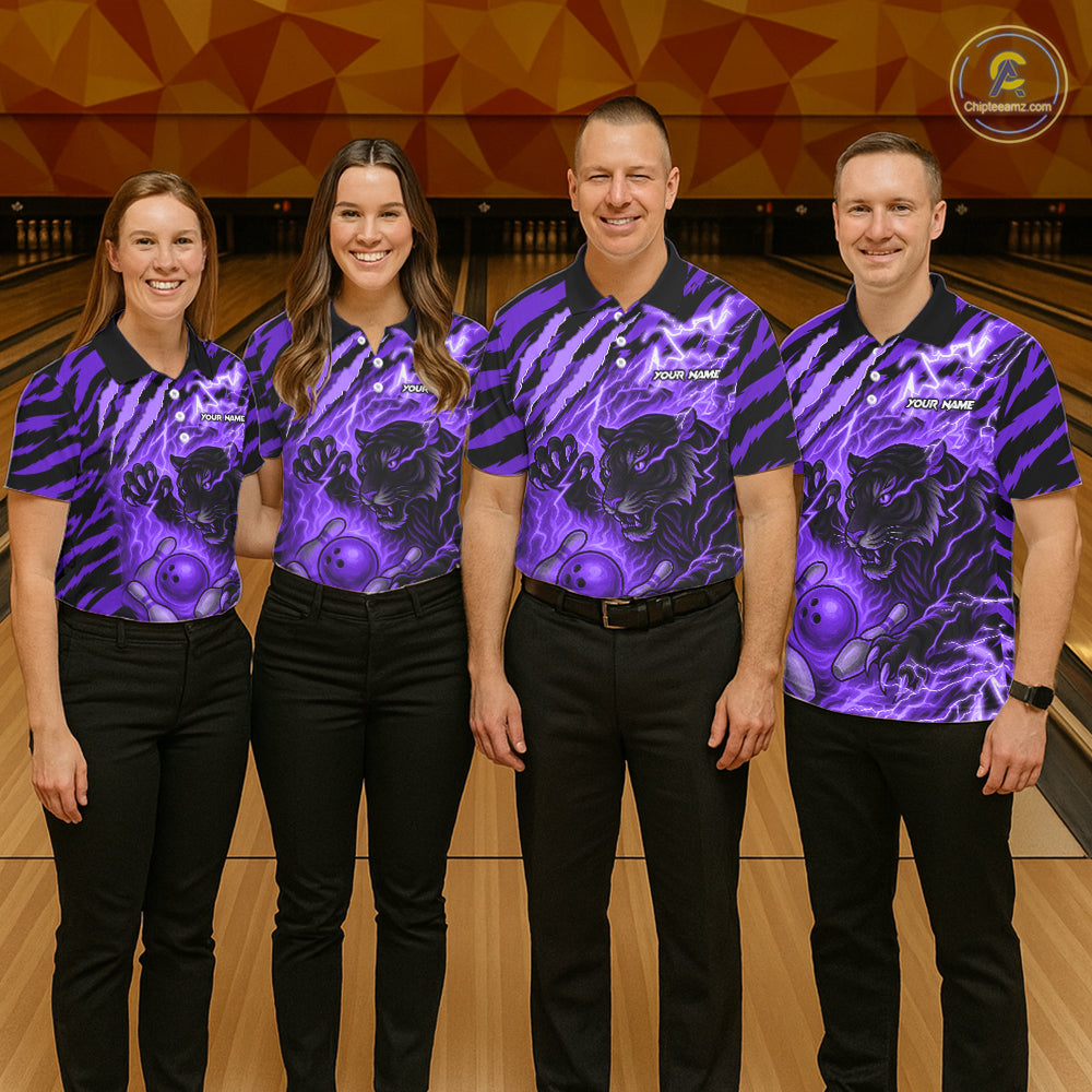 Personalized Tiger Bowling Shirts For Women, Purple Flame Lightning Thunder Tiger Team Bowling Jersey NQS11234