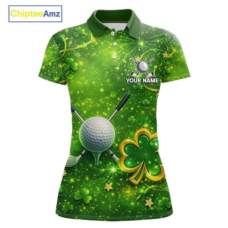 Happy St Patrick's Day Green and Gold Shamrock Womens Golf Polo Shirts Custom Golf Clothes for Ladies NQS11629