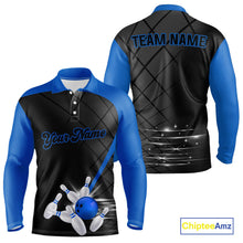 Load image into Gallery viewer, Black and blue bowling league jersey custom Mens Bowling Polo, 1/4 zip Shirt, gifts for men bowler NQS10095