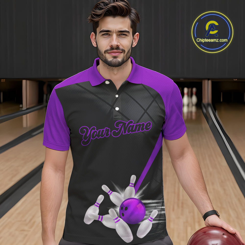 Black and Purple bowling league jersey custom Mens Bowling Polo, 1/4 zip Shirt, gifts for men bowler NQS10097