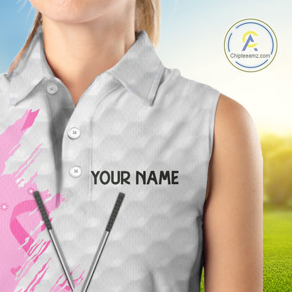 Pink ribbon breast cancer pattern custom name white Women Sleeveless polo shirts team ladies golf top NQS10421