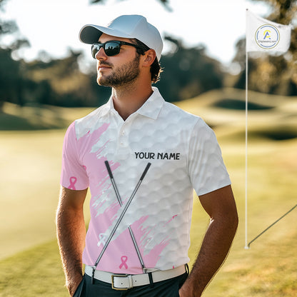 Light Pink ribbon breast cancer pattern custom white Mens golf polo shirts, team golf clubs mens tops NQS10422