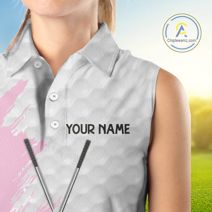 Light Pink ribbon breast cancer pattern custom white Sleeveless Polo Shirt, team ladies golf top NQS10422