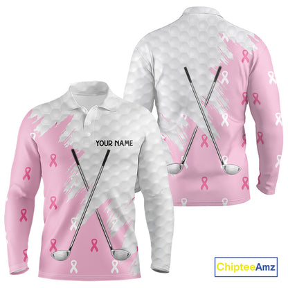 Light Pink ribbon breast cancer pattern custom white Mens golf polo shirts, team golf clubs mens tops NQS10422