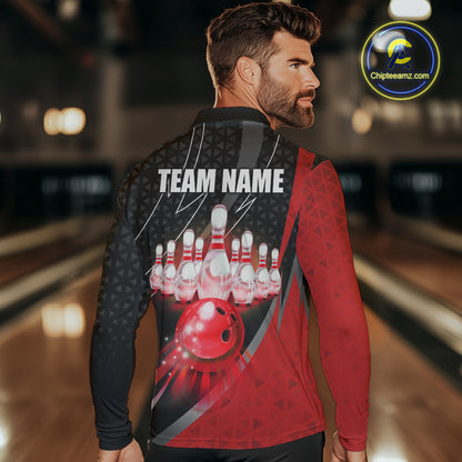 Black and Red Bowling Camo Polo, 1/4 Zip Shirt for Men Custom Team Bowling jerseys, Bowler Outfit NQS10424