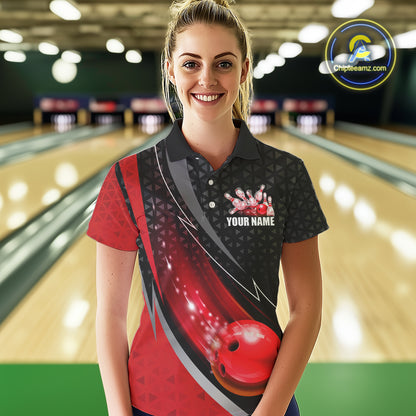 Black and Red Bowling Camo Polo, 1/4 Zip Shirt for Women Custom Team Bowling jerseys, Bowler Outfit NQS10424