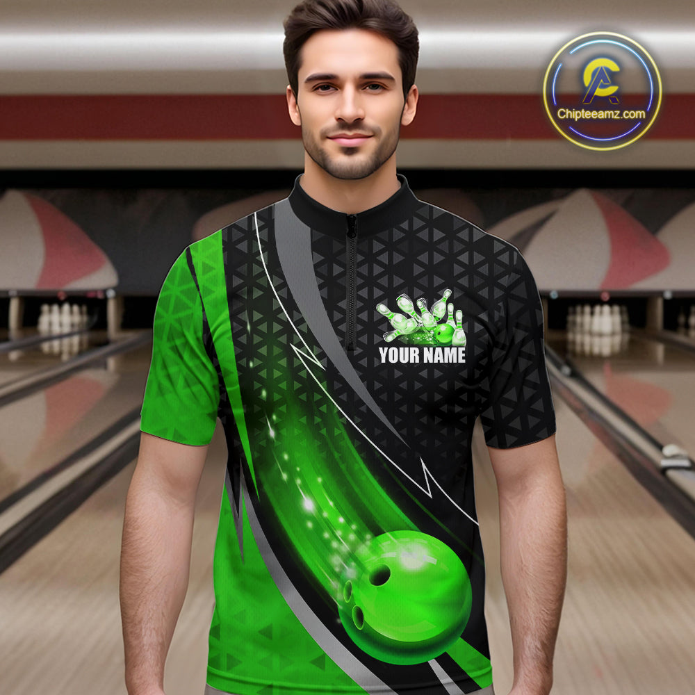 Black and Green Bowling Camo Polo, 1/4 Zip Shirt for Men Custom Team Bowling jerseys, Bowler Outfit NQS10425