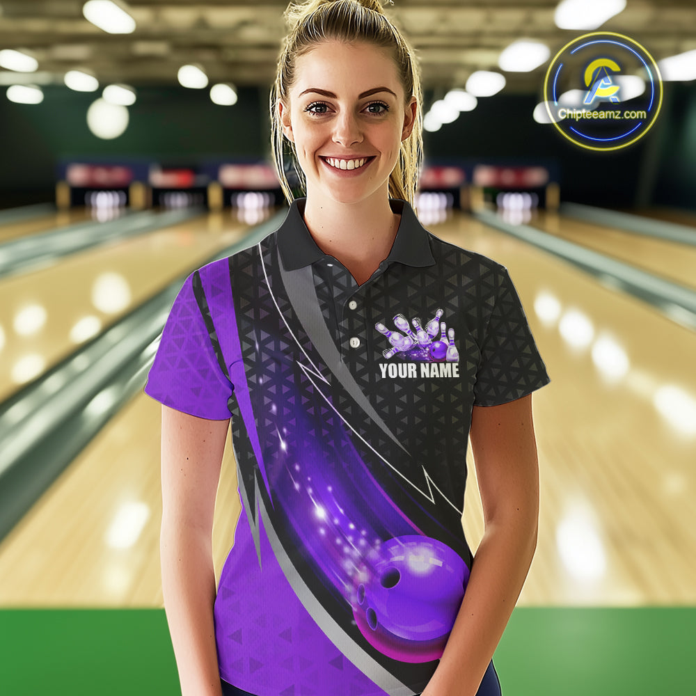 Black and Purple Bowling Camo Polo, 1/4 Zip Shirt for Women Custom Team Bowling jersey, Bowler Outfit NQS10426