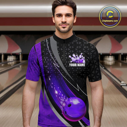 Black and Purple Bowling Camo Polo, 1/4 Zip Shirt for Men Custom Team Bowling jerseys, Bowler Outfit NQS10426