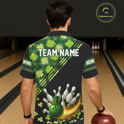Black and Green shamrock argyle pattern Bowling Hawaiian Shirt Custom St Patrick Team Bowling Jersey NQS11237