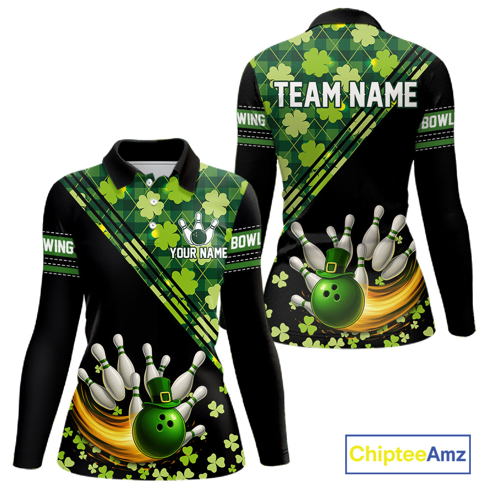 Black and Green shamrock argyle pattern Bowling Shirt For Women Custom St Patrick Team Bowling Jersey NQS11237
