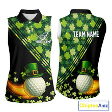 Load image into Gallery viewer, Black and Green shamrock argyle pattern Sleeveless Golf Polo Shirt Custom St Patrick ladies golf top NQS11238