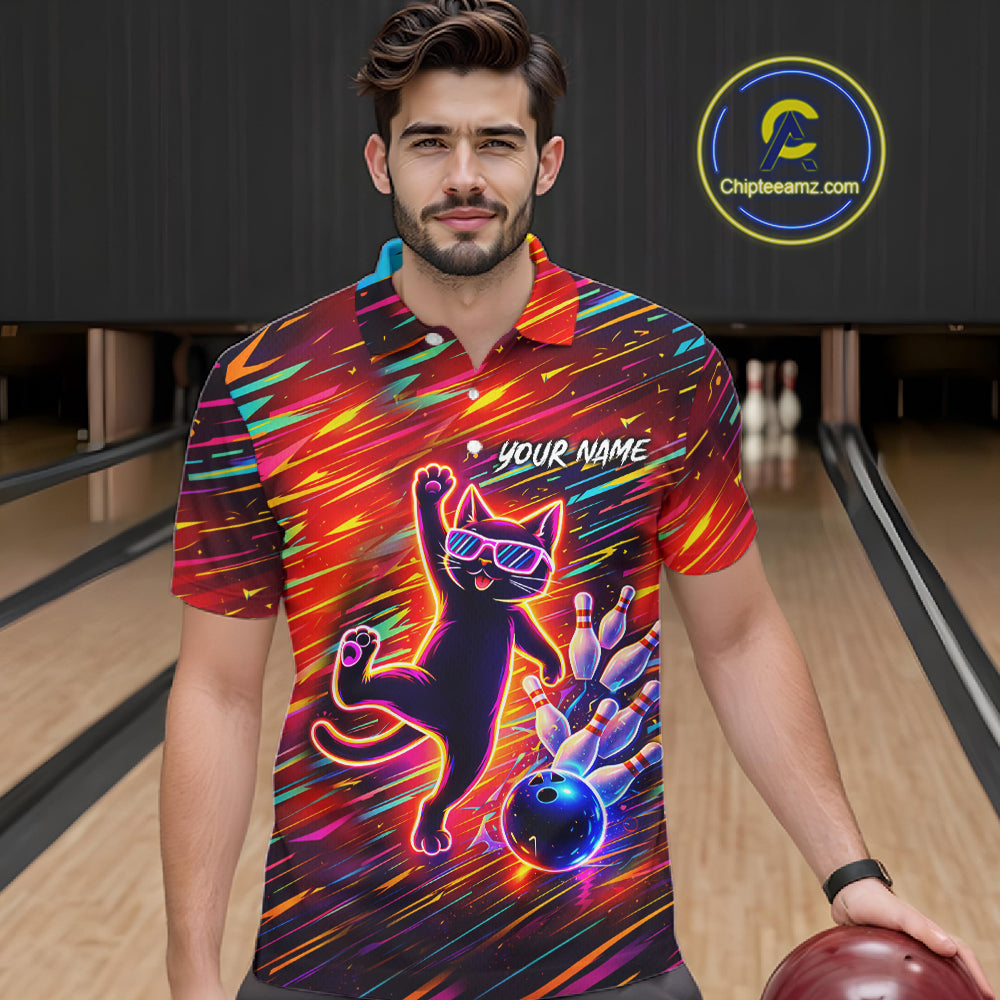Funny Colorful Neon Cat Bowling Polo shirt, 1/4 zip shirts for men custom Bowling Team League Shirts NQS11429