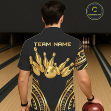 Load image into Gallery viewer, Black and Gold tribal pattern Bowling Button-up Shirts Custom Bowling Team Jerseys NQS11732