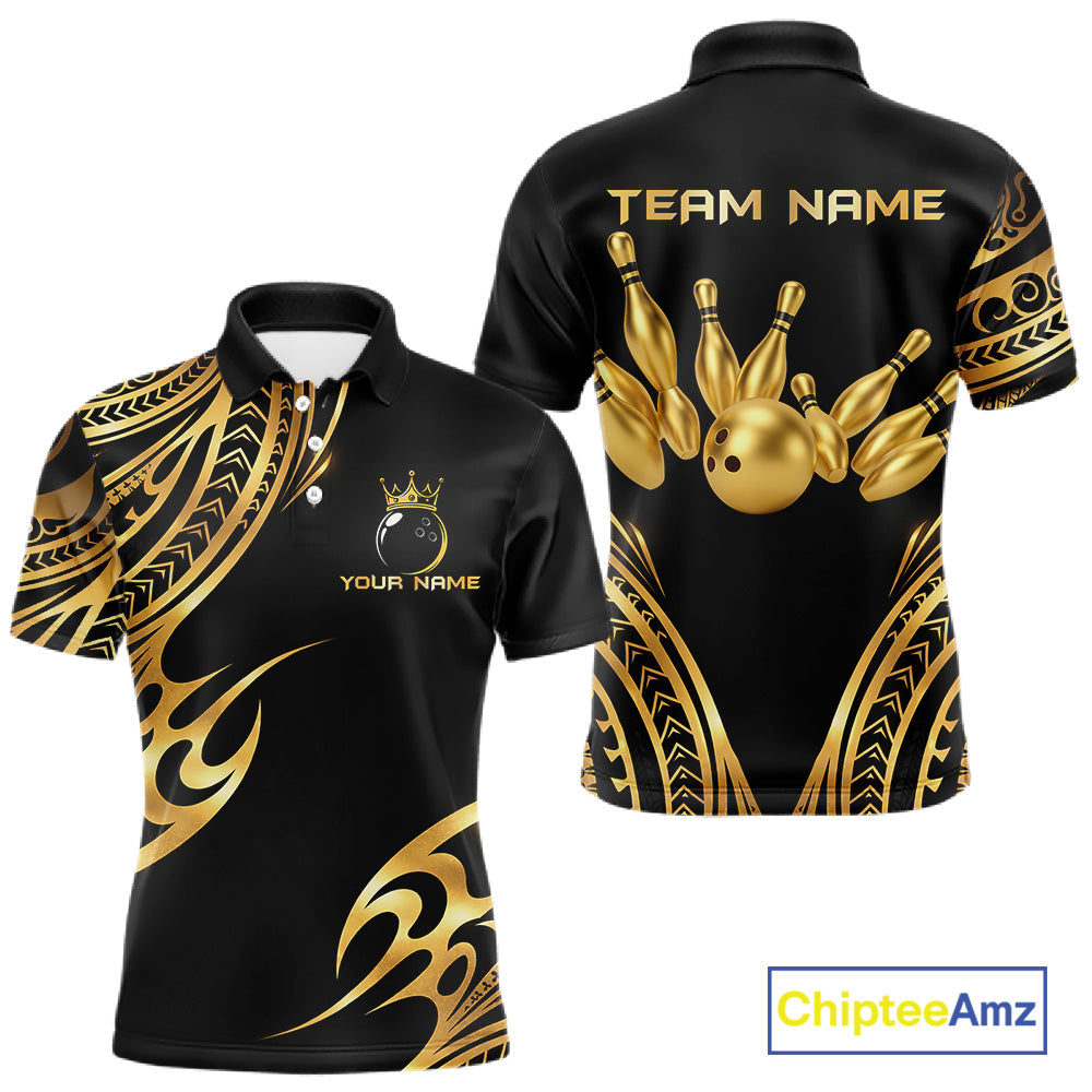 Black and Gold tribal pattern Bowling Polo, Quarter Zip Shirts For Men Custom Bowling Team Jerseys NQS11732