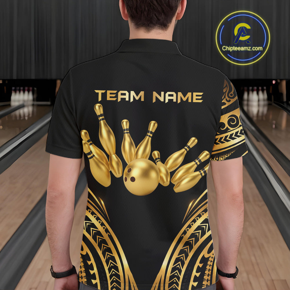 Black and Gold tribal pattern Bowling Polo, Quarter Zip Shirts For Men Custom Bowling Team Jerseys NQS11732
