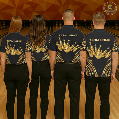 Black and Gold tribal pattern Bowling Polo, Quarter Zip Shirts For Men Custom Bowling Team Jerseys NQS11732