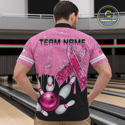 Black and Pink ribbon glitter Bowling Shirts For Men Custom breast cancer team bowling jerseys NQS9950