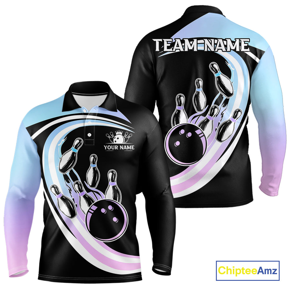 Blue Purple Gradient Bowling Shirts For Men Custom Bowling Team League Jersey, Gift For Bowler NQS10432
