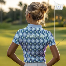 Load image into Gallery viewer, Women golf polo shirts custom blue argyle plaid pattern golf attire for ladies, golfer gifts NQS10434
