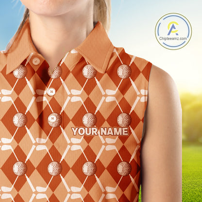 Women sleeveless polo shirt custom orange argyle plaid pattern golf attire for ladies, golfer gifts NQS10436