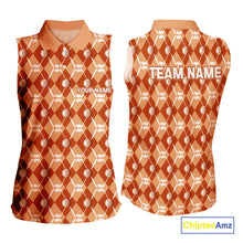 Load image into Gallery viewer, Women sleeveless polo shirt custom orange argyle plaid pattern golf attire for ladies, golfer gifts NQS10436