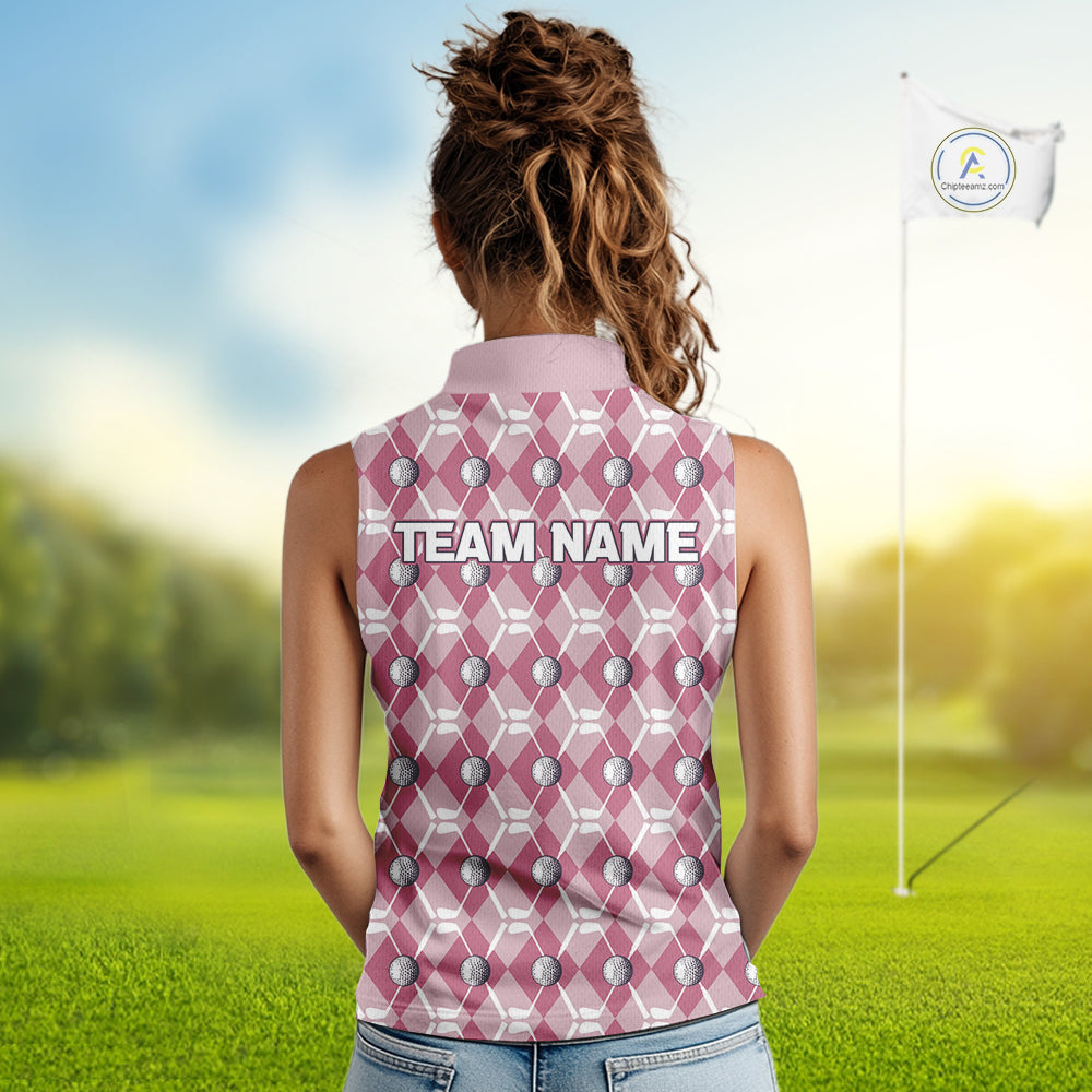 Women sleeveless polo shirt custom pink argyle plaid pattern golf attire for ladies NQS10443