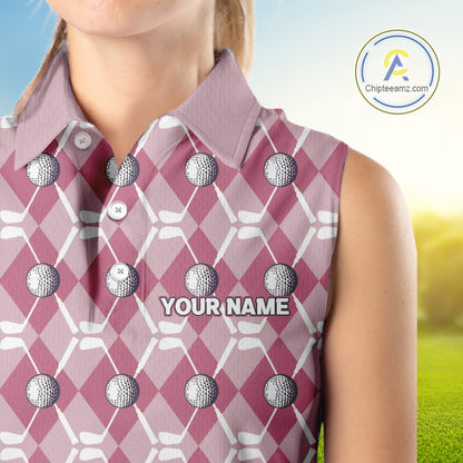 Women sleeveless polo shirt custom pink argyle plaid pattern golf attire for ladies NQS10443