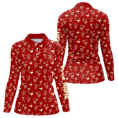 Gold Heart Red pattern Women golf polo shirt custom Valentines golf gift for her NQS9368