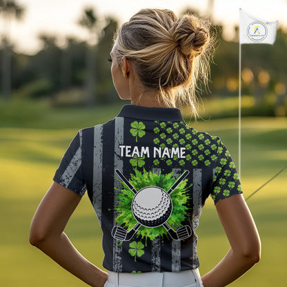 Custom Black Grunge US Flag Green Shamrock St Patrick Golf Polo shirts for Women Patriotic Golf shirt NQS11449