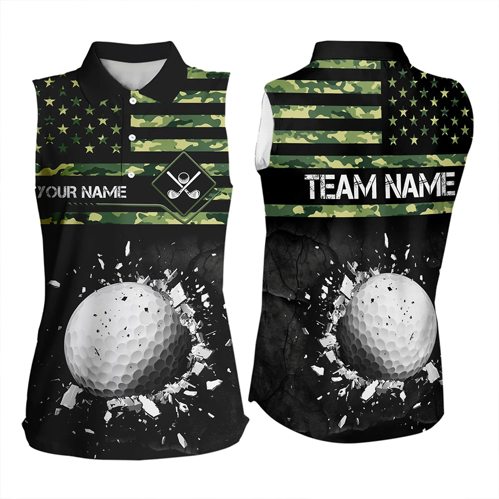 Green Camo American flag black Women sleeveless polo shirt custom patriotic team ladies golf apparel NQS9517