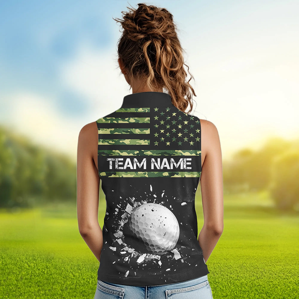 Green Camo American flag black Women sleeveless polo shirt custom patriotic team ladies golf apparel NQS9517