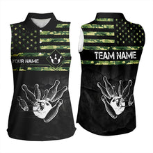 Load image into Gallery viewer, Personalized Green camo American flag Custom Bowling Sleeveless Polo Shirt, Bowling League Jersey NQS9518