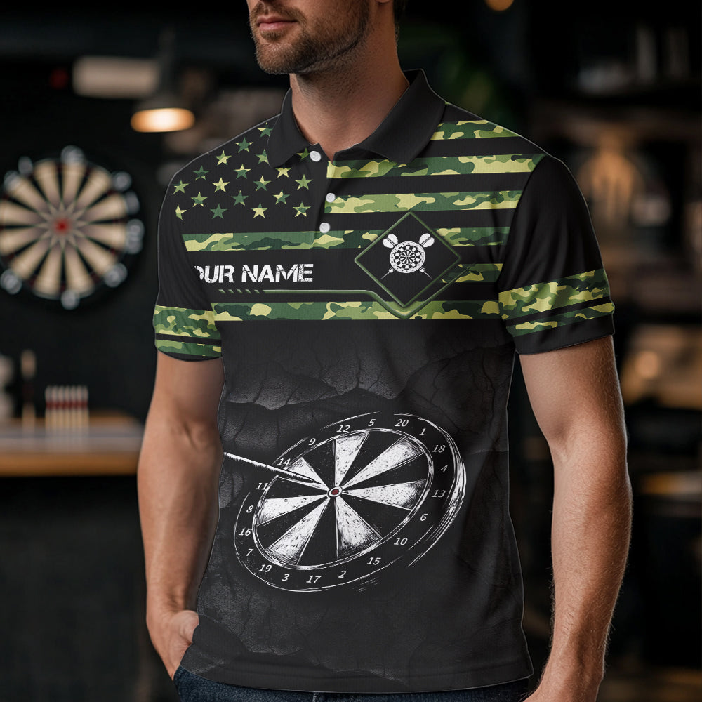 Green camo American Flag Dart jerseys Polo, 1/4 Zip Shirt for Men Custom Patriotic Darts Team shirts NQS9519