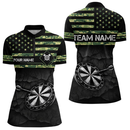 Green camo American Flag Dart jerseys Polo, 1/4 Zip Shirt for Women Custom Patriotic Darts Team shirts NQS9519