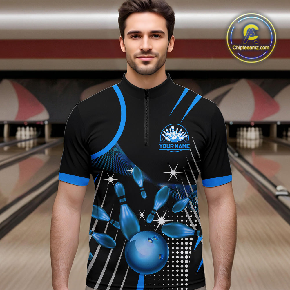 Black and Blue Mens Bowling Polo, Quarter Zip Shirts Custom Bowling outfit men Team Jerseys NQS9956