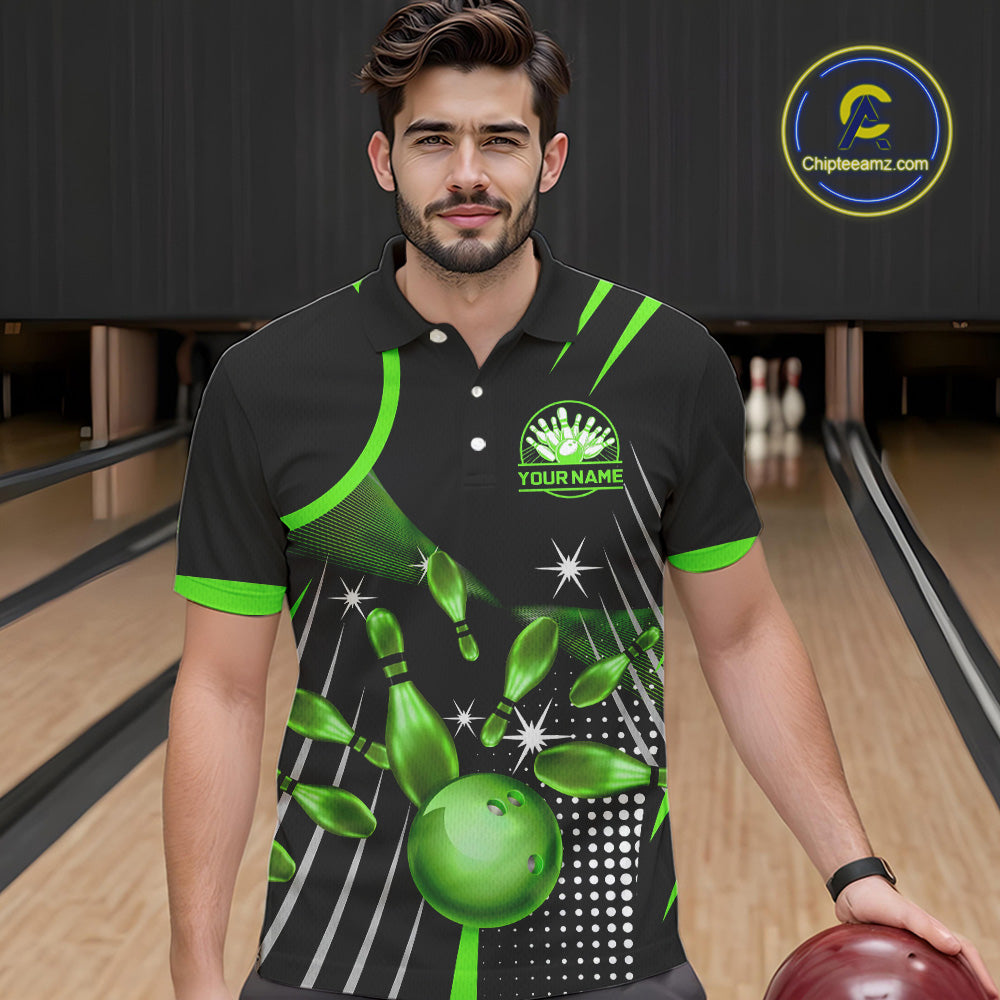 Black and Green Mens Bowling Polo, Quarter Zip Shirts Custom Bowling outfit men Team Jerseys NQS9957