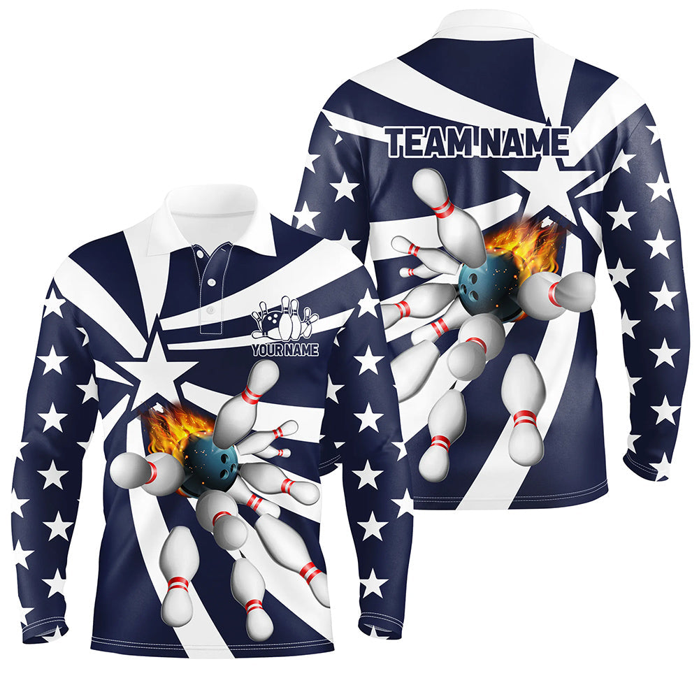 Blue and white Mens polo, quarter zip bowling shirt Custom flame bowling star team league jerseys NQS7820