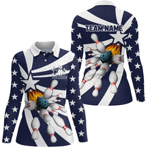Load image into Gallery viewer, Blue and white Women polo, quarter zip bowling shirt Custom flame bowling star team league jerseys NQS7820